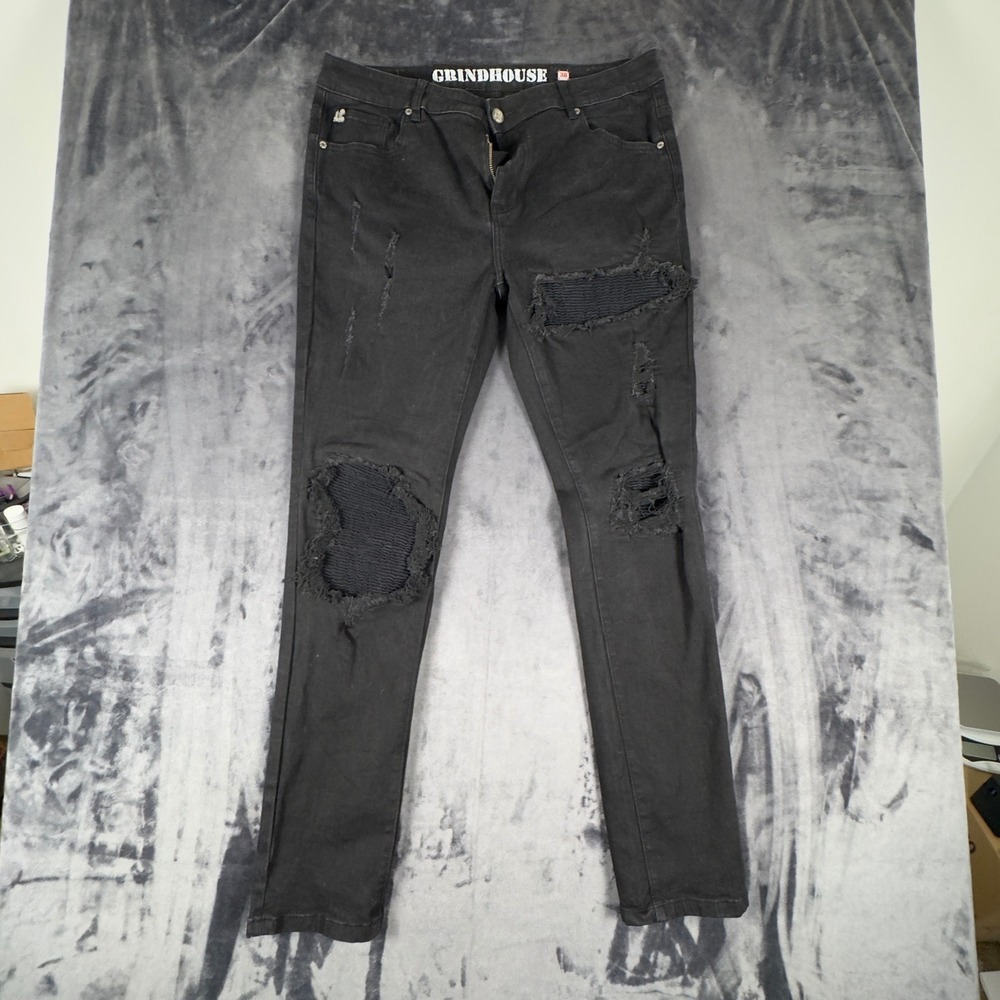 Grindhouse Denim Jeans Mens 38 Black Distressed Ribbed Moto Slim Straight Pants